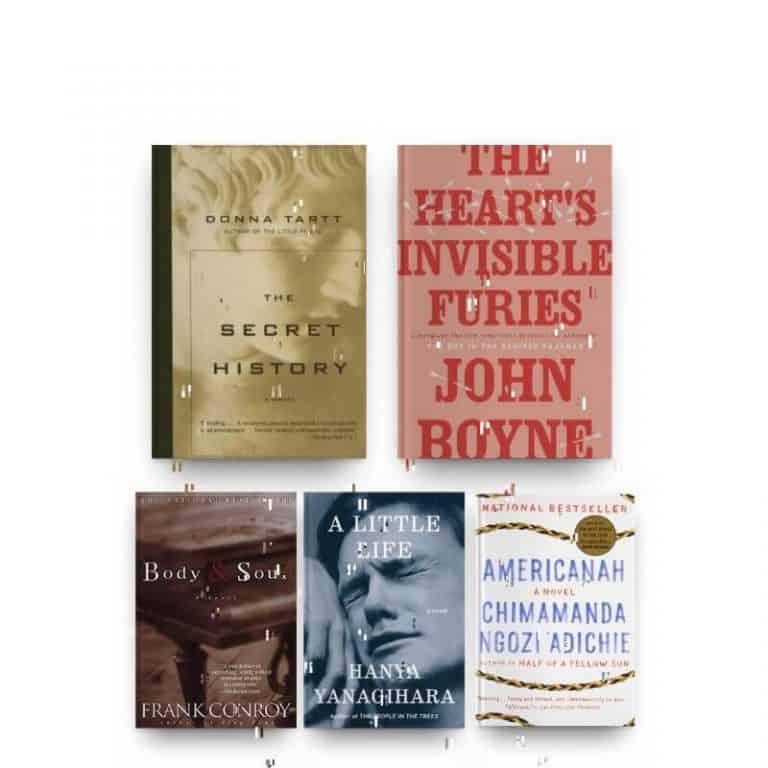 Covers of long books, including The Secret History, The Heart's Invisible Furies, Body and Soul, A Little Life, and Americanah.