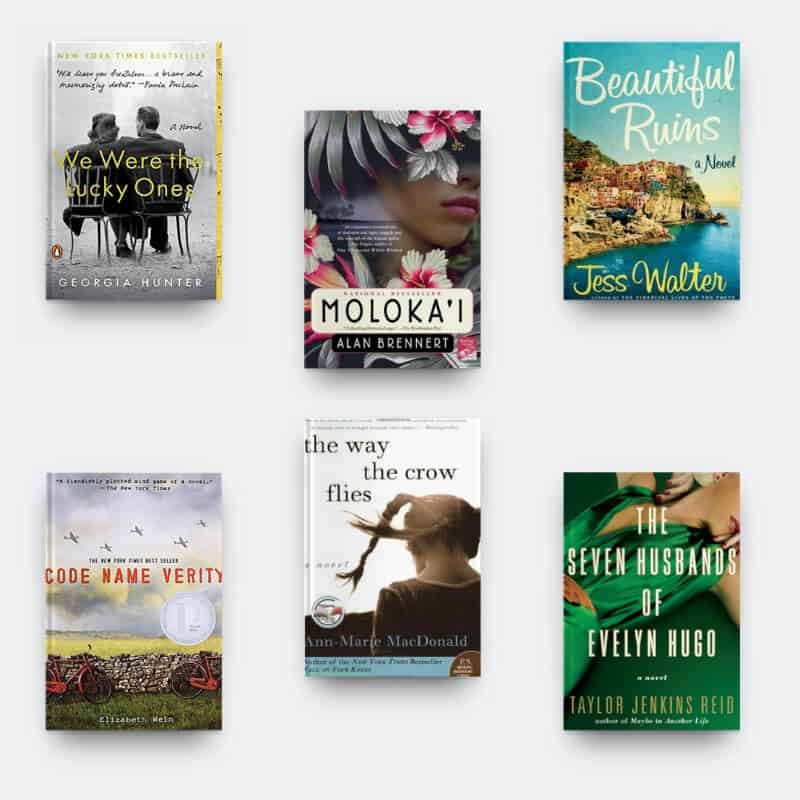 Historical fiction page turners. Covers of We Were the Lucky Ones, Code Name Verity, Moloka'i, The Way the Crow Flies, Beautiful Ruins, and The Seven Husbands of Evelyn Hugo.