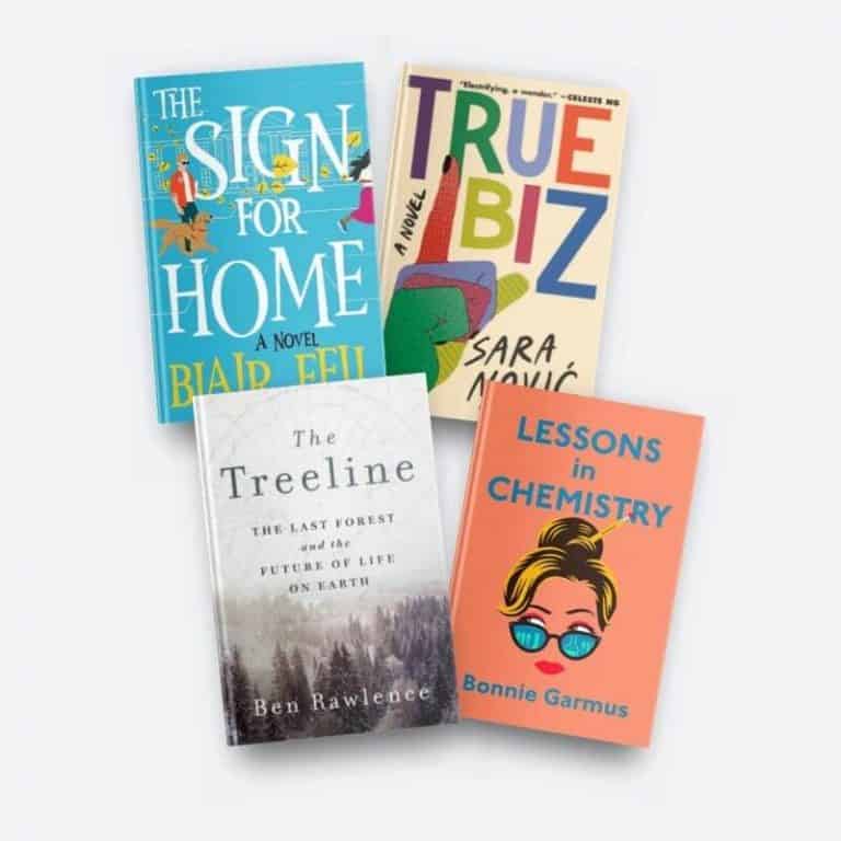 Book covers of The Sign for Home, True Biz, The Treeline, and Lessons in Chemistry, four of the best books of 2022