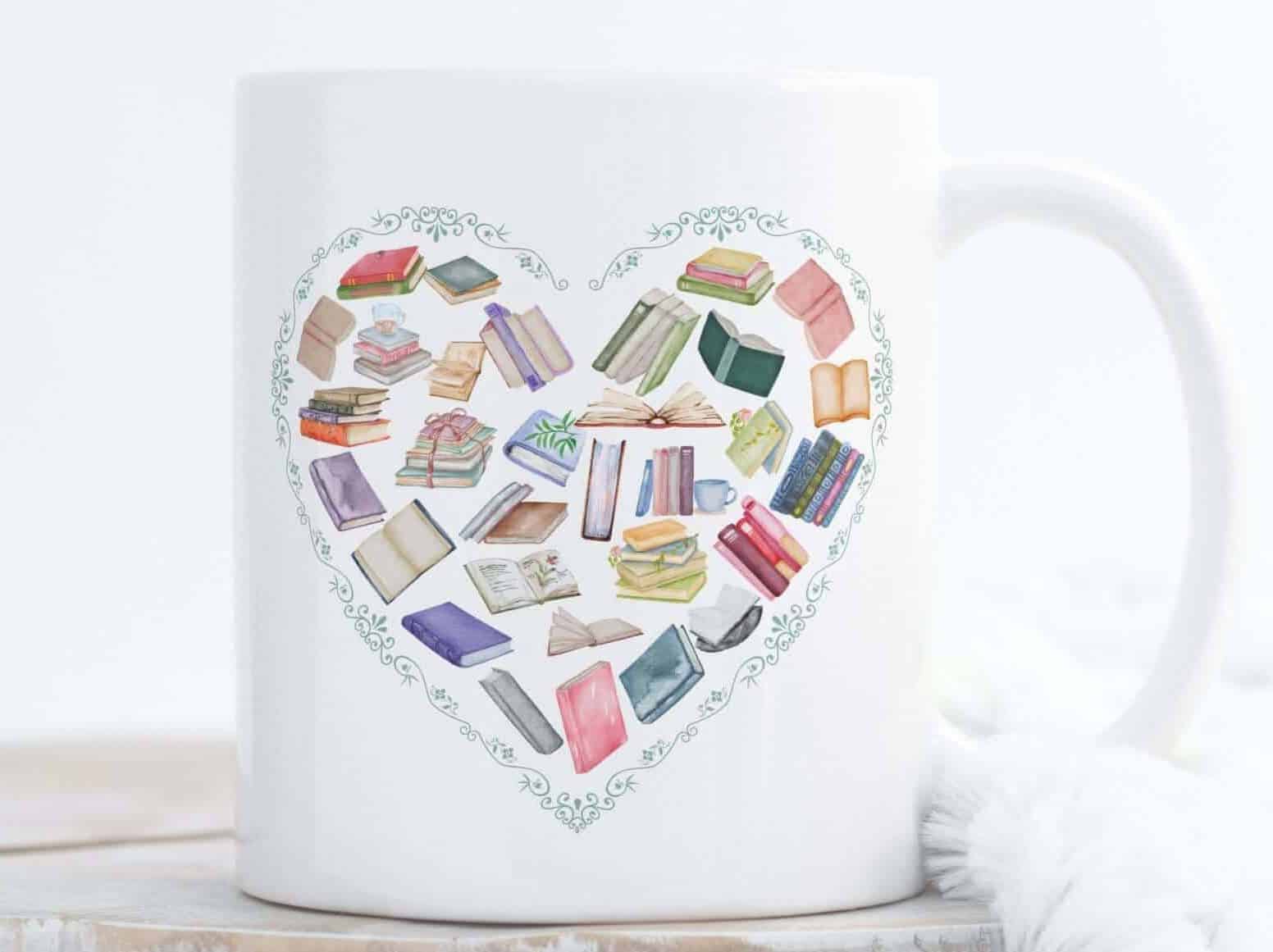 White mug with a heart made of books on the side