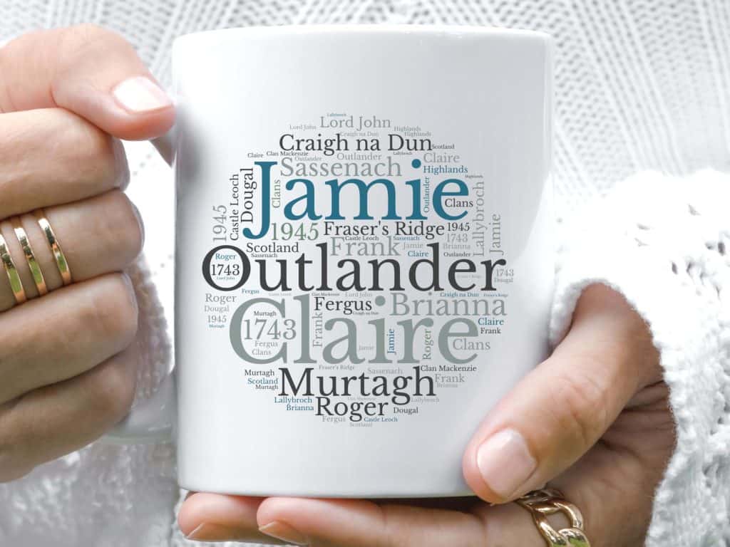 White mug with word art featuring names and places from Outlander