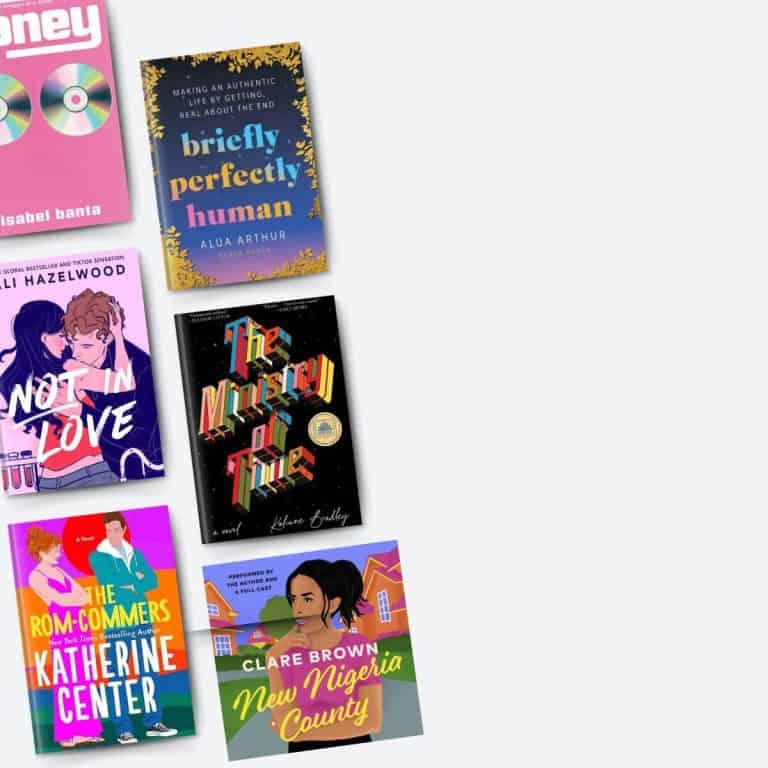 Book covers of Honey, Not in Love, The Rom-Commers, Briefly Perfectly Human, The Ministry of Time, and New Nigeria County